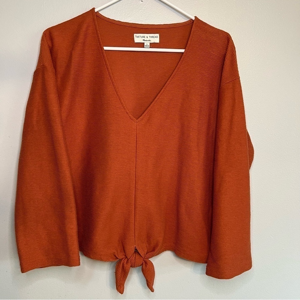 Texture & Thread Madewell Women Sz L Sweatshirt Burnt Orange Front Tie V Neck - Picture 4 of 12
